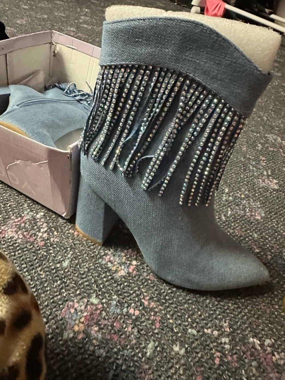 Rhinestone Fringe Women's Ankle Boots in Denim Blue